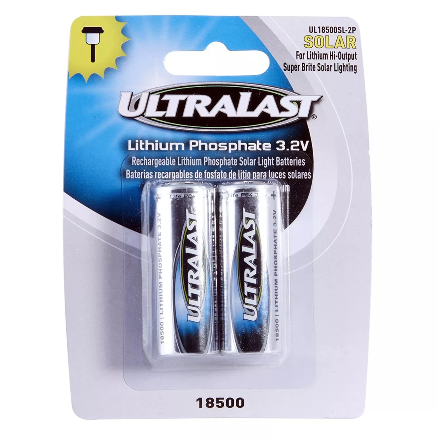 Lithium Phosphate 18500 3.2 V 1 Mah Solar Rechargeable Battery 2 Pk