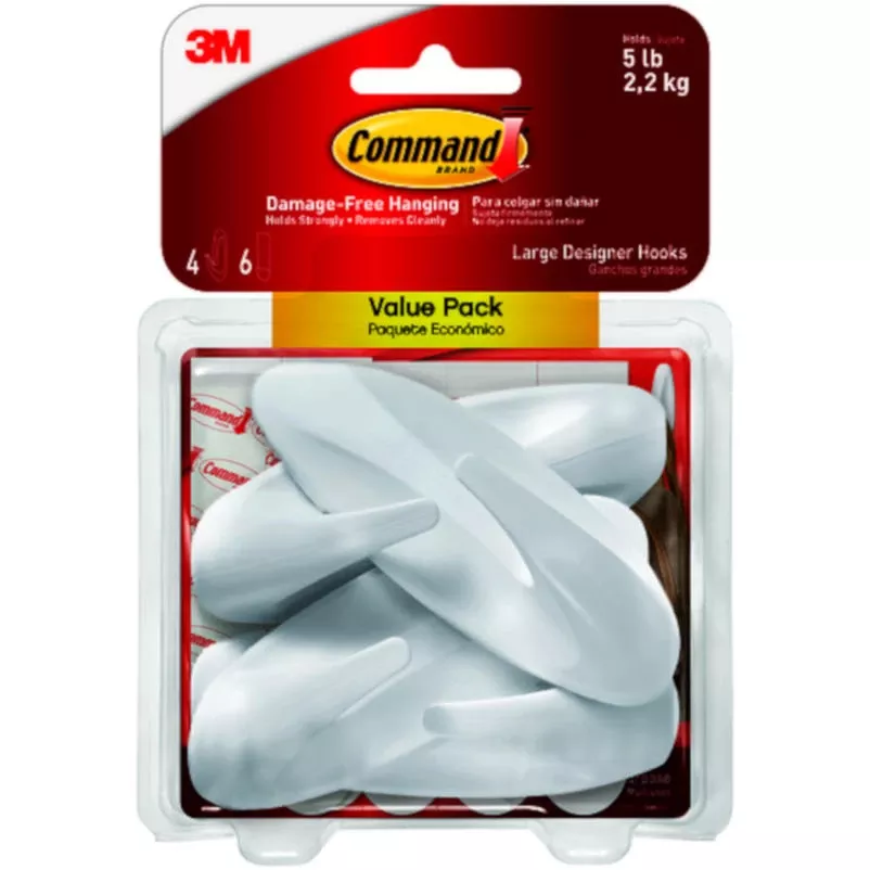 White Plastic Command Large Designer Hooks – 5 lb Capacity, Pack Of 4